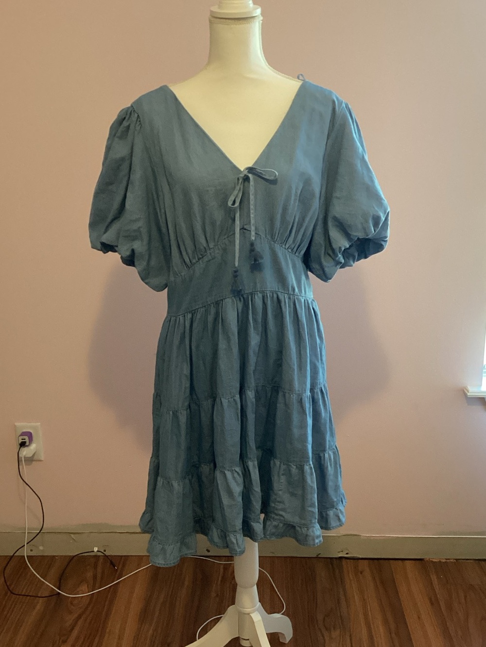 Jessica Simpson Dusty Blue Tie-Front Tiered V-Neck Dress